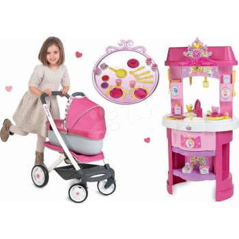 Smoby Set kuchynka Disney Princezné s hodinami a kočík pre bábiku Maxi Cosi & Quinny 3v1 65,5 cm rúčka