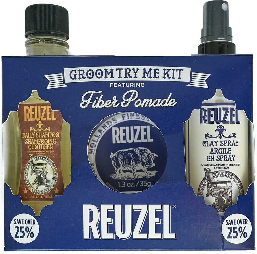 Reuzel Fiber Pomade Groom Try Me Kit šampon Daily Shampoo 100 ml + pomáda Fiber Pomade 35g + sprej Clay Spray 100 ml darčeková sada