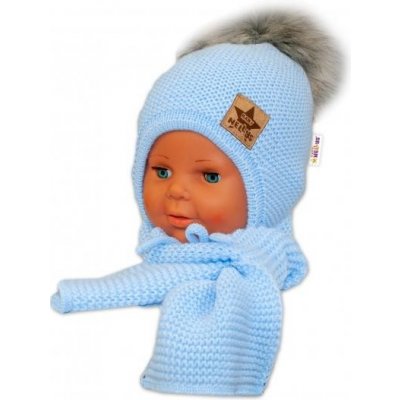 Baby Nellys Zimná čiapočka s šálom chlupáčková Bambulka sv. modrá/sivá