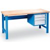Dielenský pracovný stôl GD so závesným boxom na náradie, buková škárovka, 3 zásuvky, 1500 x 800 x 850 mm, modrá