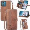 Peňaženkové kožené puzdro Flower Zipper na Motorola Edge 40 Neo - Hnedá