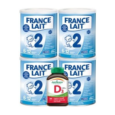 France Lait 2 následná mliečna dojčenská výživa od 6-12 mesiacov 4x400g + Jamieson Vitamín D3 1000 IU 100tbl.