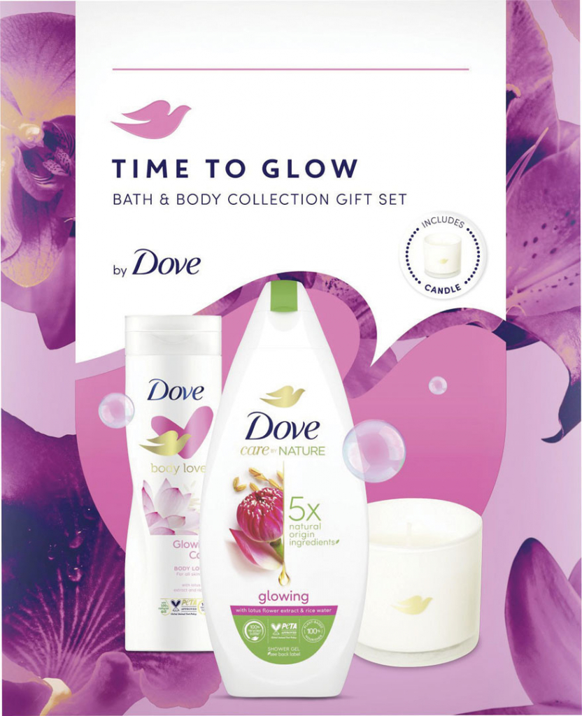 DOVE Glowing sprchový gél 225 ml, telové mlieko 250 ml so sviečkou