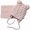 BABY NELLYS Zimná pletená čiapočka s šálom TEDDY - béžová s brmbolcami, vel. 62/68