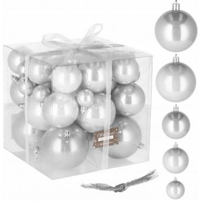 SPRINGOS Vianočné gule mix 4 5 6 7 8 cm perleťovo šedé 37-dielna sada