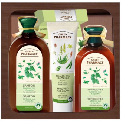 Green Pharmacy Herbal Care čistiaci šampón pre normálne vlasy 350 ml + kondicionér pre normálne vlasy 300 ml + krém na ruky s aloe vera 100 ml + balzam na pery 3,6 g darčeková sada
