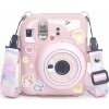 LoveInstant Pouzdro pro FujiFilm Fuji INSTAX Mini 12 + samolepky a kapsa na fotografie / jogurtový králík / růžové třpytky