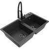 Mexen Tomas, 2-komorový granitový drez 800x500x190 mm a drezová batéria Aster, čierna škvrnitá, 6516-76-73450-70-B