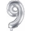 PartyDeco Fóliový balón Mini - Číslo 9 strieborný 35cm
