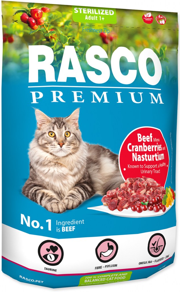 Rasco Premium krmivo pre kastrované mačky s hovädzím mäsom a brusnicami 2 kg