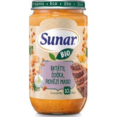 Sunar BIO Príkrm Batáty, šošovica, hovädzie mäso, olivový olej (od ukončeného 10. mesiaca) 235 g detský mäsovo-zeleninový príkrm