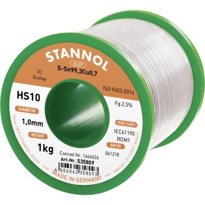Stannol HS10 2,5% 1,0MM SN99,3CU0,7 CD 1000G spájkovací cín bez olova bez olova, cievka Sn99,3Cu0,7 ROM1 1000 g 1 mm