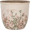 Clayre & Eef Béžový antik keramický obal na kvetináč s ružovo-zelenými kvetmi M - Ø 16*14 cm - Clayre & Eef
