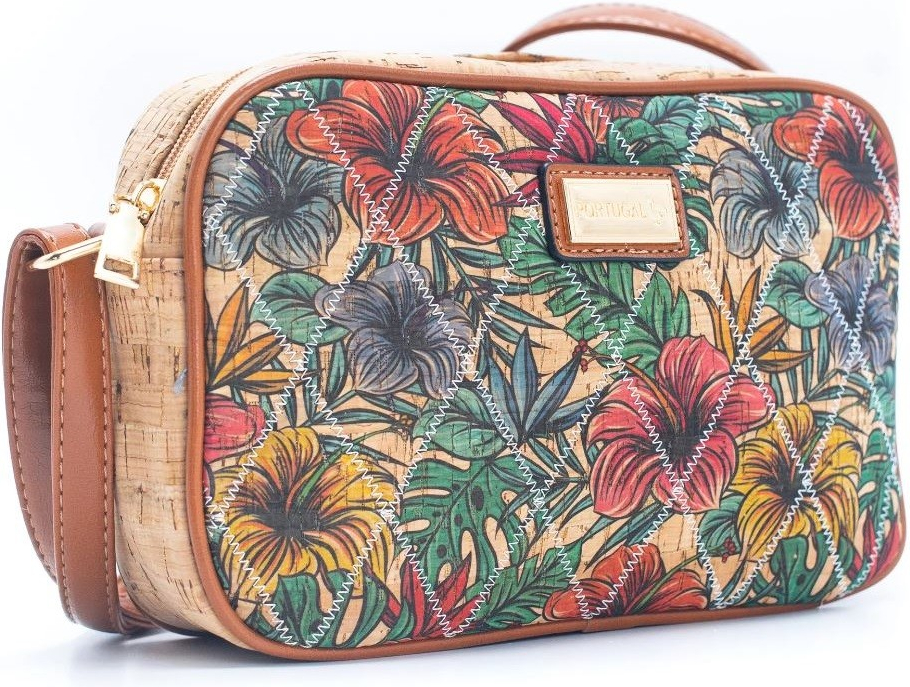 Korková kabelka obdĺžniková na zips Tropické kvety
