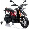Beneo elektrická motorka Aprilia Dorsoduro 900 Licencované 12V batéria Eva mäkké kolesá 2 x 18W motor odpruženie kovový rám kovová vidlica pomocné kolieska červená