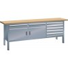 Pracovný stôl Lista, š 2000 mm, multiplex pracovná doska, 2x dvierka, 7x zásuvky, metalická sivá