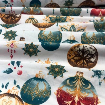 Vianočný vzor bavlnenej látky Vianočné Gule na Bielom, metráž 160 cm