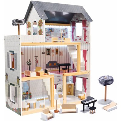 FunPlay 6201 Drevený domček pre bábiky s príslušenstvom, 3 poschodia, 78x62x27cm