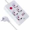 Napájecí lišta Maclean, prodlužovací kabel se 4 zásuvkami + 3xUSB, 110-240V AC 50/60Hz, 2,1A max. 2500W, 3m, bílá, MCE393 W