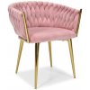 Velúrová ružová stolička glamour so zlatými nohami a pleteným čalúnením