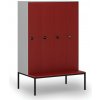 Drevená šatníková skrinka S4 s lavičkou, 4 oddiely, 1871 x 1200 x 500/800 mm, demont, RFID zámok, sivá / červená
