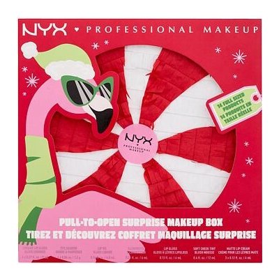 NYX Professional Makeup Fa La La L.A. Land Pull-To-Open Surprise Makeup Box : lesk na rty 5 ks + rtěnka 3 ks + tvářenka 1 ks + olej na rty 1 ks + rozjasňovač 1 ks + paletka očních stínů + houbička na