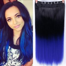 Clip in vlasy 60 cm dlhý pás vlasov ombre štýl odtieň Black T Blue