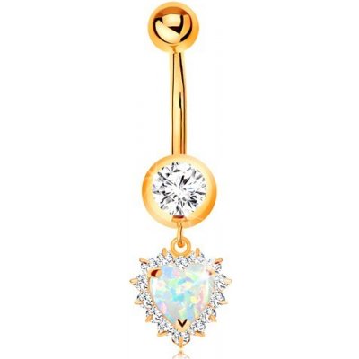 Šperky eshop zlatý piercing do pupku okrúhly zirkón v objímke opálové srdce s čírym lemom S3GG184.42