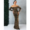 Dámske dlhé zlaté spoločenské šaty s flitrami a dlhými rukávmi - XL