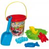Súprava na piesok 7 kusov – plastové vedierko, sitko, lopatka, 4 formičky