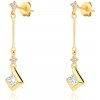 Šperky eshop - Náušnice zo žltého 14K zlata - číre zirkóny, tenká palička s ligotavým štvorčekom S2GG86.16
