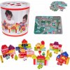 JOKO Sada Drevené Kocky Mesto 115ks + Penová Puzzle Podložka s Cestami + Vkladačka