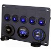 Interlook Ovládací panel 12V 24V IP65 s USB | Ovládací panel s podsvietenými spínačmi | Duálna USB nabíjačka 2,1A/5V | 12V zásuvka zapaľovača cigariet