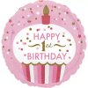 Foliový balonek Happy 1st birthday holografický růžový 43 cm