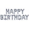 PartyDeco Fóliový balón Happy Birthday nápis strieborný 340x35cm