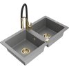 Mexen Mario, granitový drez 820x436x161 mm, 2-komorový a drezová batéria Aster, šedá, 6504-71-73450-57-G