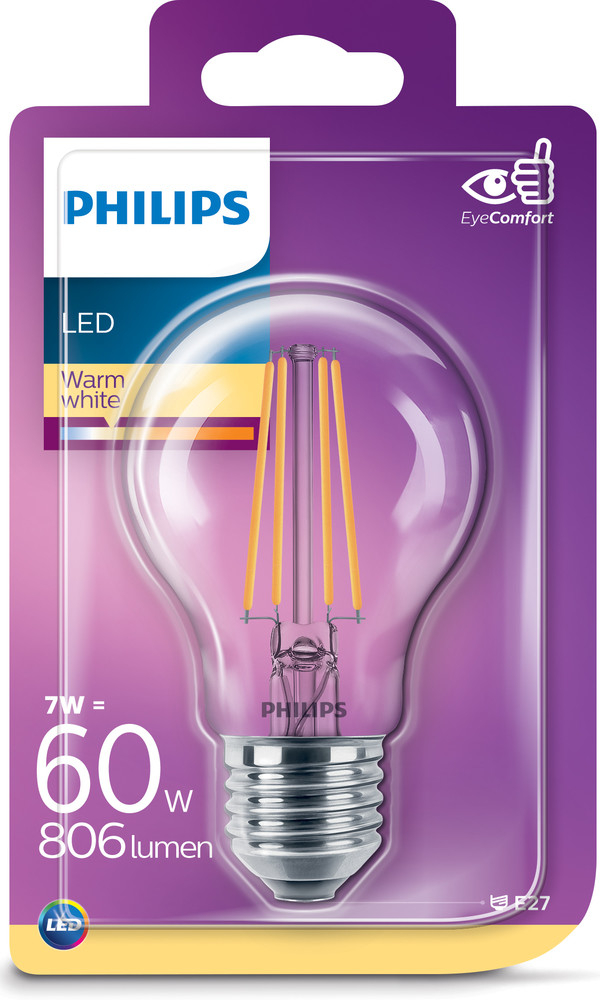 Philips klasik, 7W, E27, teplá biela 8718699777579