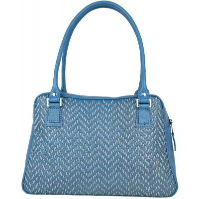 VegaLM Ručne vyšívaná kabelka z pravej kože v modrej farbe so šedým vyšívaním