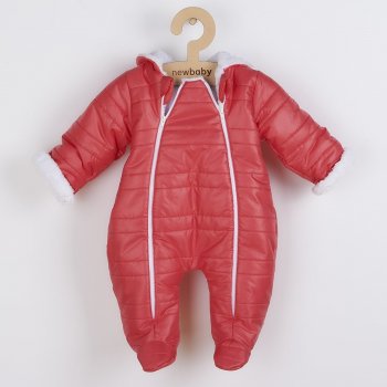 New Baby Zimná dojčenská kombinéza s kapucňou s uškami Pumi red raspberry