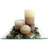 TORO Darčekový set 3 sviečky, vôňa vanilka, na sklenenom podnose s kameňmi