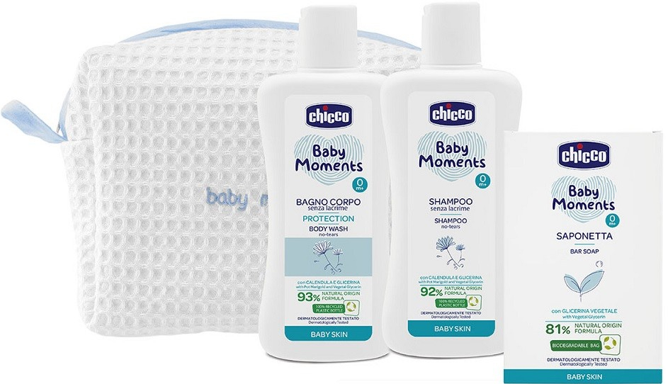 Chicco Baby Moments tuhé mydlo na ruky 100 g + detský šampón na vlasy 200 ml + šampón na celé telo pre deti 200 ml + kozmetická taška darčeková sada