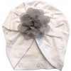 Čiapka / turban bavlnená biela so striebornými mašličkami - Sivý kvet, obv. hlavy 42/44