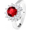 Šperky eshop - Prsteň s červeným okrúhlym kameňom a čírymi zirkónikmi, slniečko, striebro 925 SP33.21 - Veľkosť: 55 mm