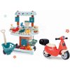 Set odrážadlo Donáška jedla a Bio stánok Scooter Food Express Smoby s vozíkom s ovocím a zeleninou