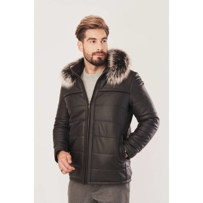 Pánska zimná kožená bunda čiernej farby s kapucňou