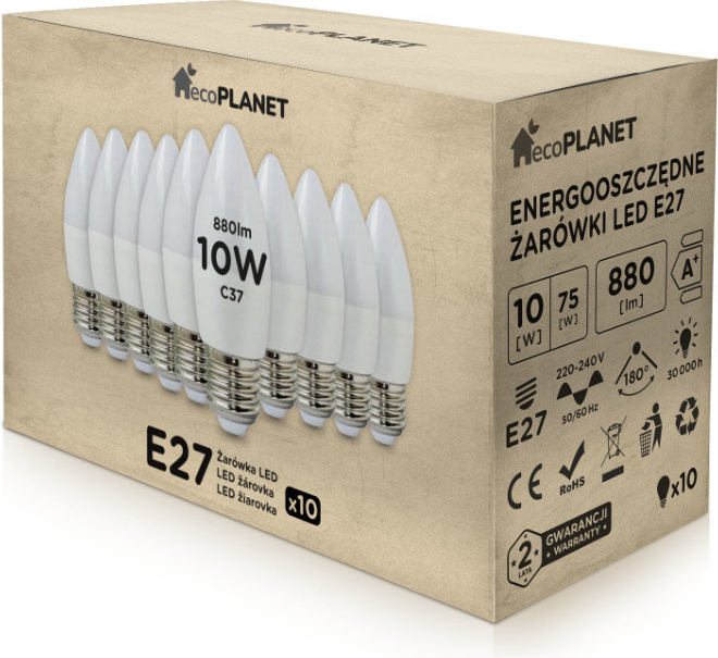 ecoPLANET 10x LED žiarovka E27 10W sviečka 880Lm studená biela