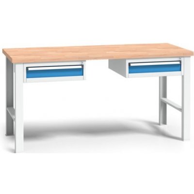 Pracovný stôl do dielne WL s 2 závesnými boxami na náradie, buková škárovka, 2 zásuvky, pevné kovové nohy, 1700 mm