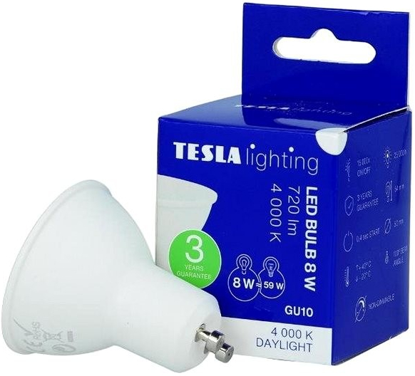 Tesla – LED žiarovka GU10, 8 W, 230 V, 806 lm, 25000 h, 4000 K denná biela, 100st GU100840-8