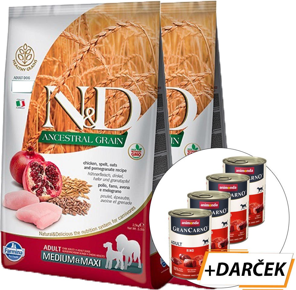 N&D Ancestral Grain Adult Medium & Maxi s kuraťom & granátovým jablkom 2 x 12 kg