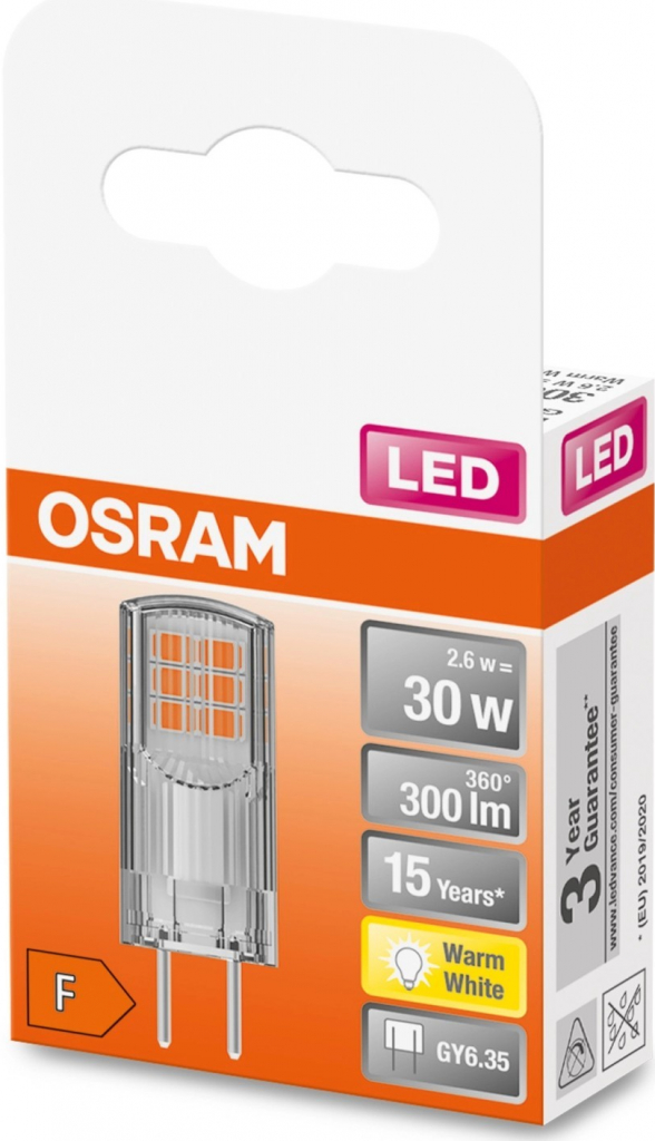 Osram LED žiarovka PIN30 2,6 W GY6,35 12V 2700 K teplá biela číra